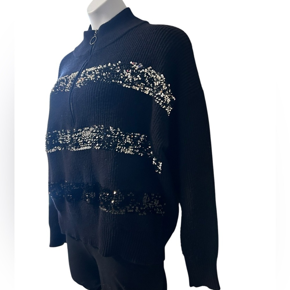 Nine West Womens sequin striped pleated black turtleneck quarter zip XL sweater - Picture 3 of 7